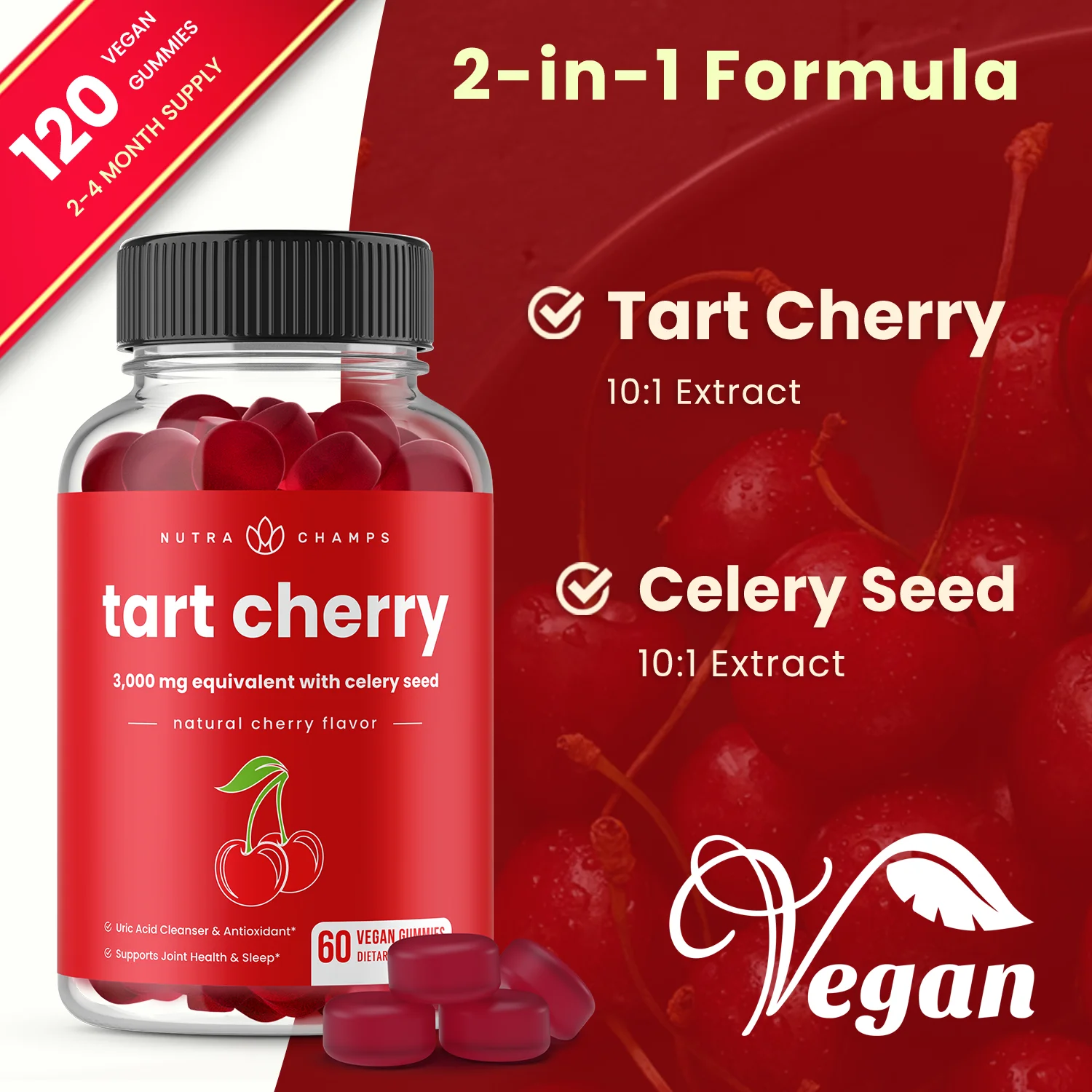 NutraChamps Tart Cherry Gummies - 2 Pack - 3000mg Supplement with Celery Seed Extract - Vegan Tart Cherry Concentrate Gummy Vitamin - 120 Count