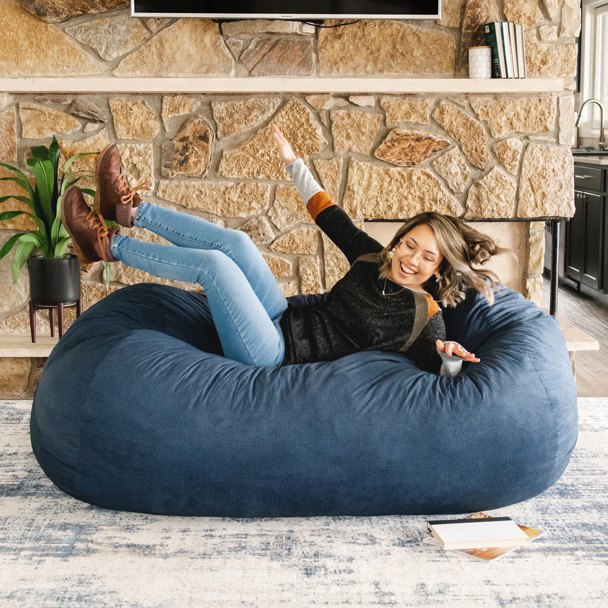 Big Joe Fuf Media Lounger Foam Filled Bean Bag Chair with Removable Cover, Cobalt Lenox, Durable Woven Polyester, 6 feet Giant