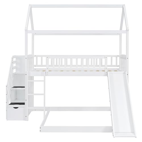 Twin Over Full House Bunk Bed with Stairs and Slide, Modern Bunk Bed Frame with Full-Length & Guard Rail, No Box Spring Needed, Gray