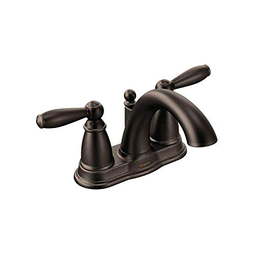 Moen Brantford Oil Rubbed Bronze Two-Handle Low Arc Centerset Bathroom Faucet with Drain Assembly, Bathroom Faucets for Sink 3-hole, 4-inch Wide Standard Setup, 6610ORB