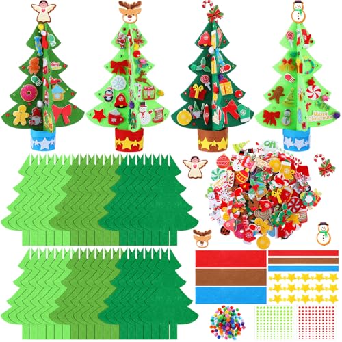 408 Pcs Christmas Tree DIY Craft Kits 3D Christmas Tree Felt Sets Xmas Felt Decorations with Elk Gingerbread Man Penguin Snowman Candy Wreath Stickers for Party Favors Activities