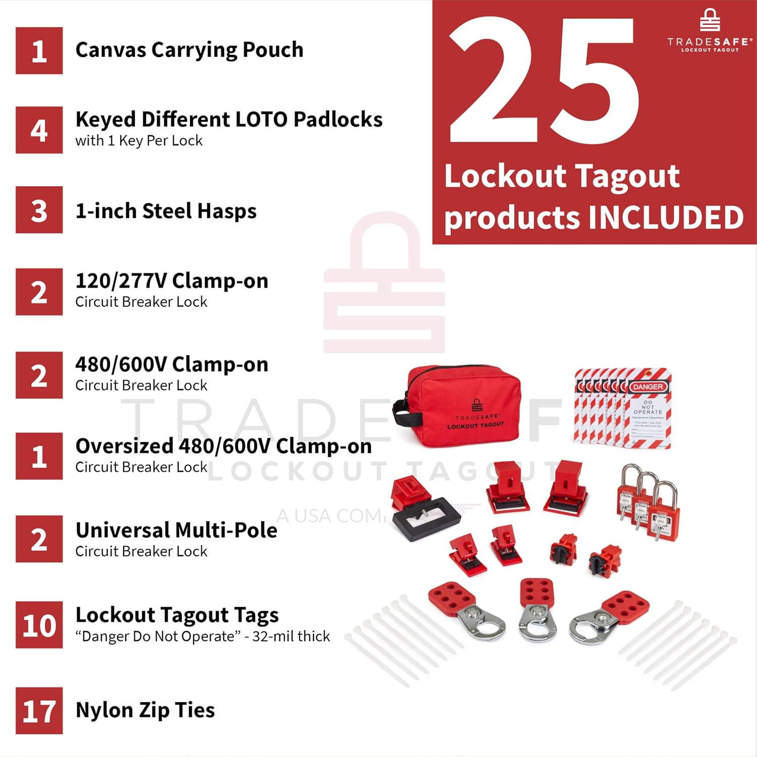 TRADESAFE Breaker Lockout Tagout Electrical Loto Kit. 120/277V to 480/600V Circuit Lock Outs. Set Includes Keyed Different Red Safety Padlocks, Hasps, Tags. Devices for Station Refill - 1 Key Pack of 2