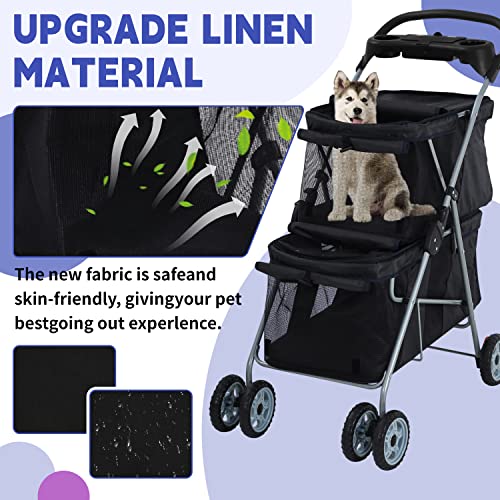 Pets Double Pet Stroller 4 Wheel Folding Dog Stroller with Water Cup Holder Cat Stroller Travel Carrier Stroller Jogger Stroller for Small Medium Dogs Cats Portable Storage Basket, Pink