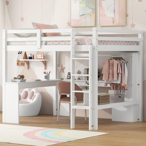 Harper & Bright Designs Full Size Loft Bed with L-Shaped Desk, Wardrobe and Storage Shelves, Wood Loft Bed Frame with Bookshelf, for Kids Teens Adults - White