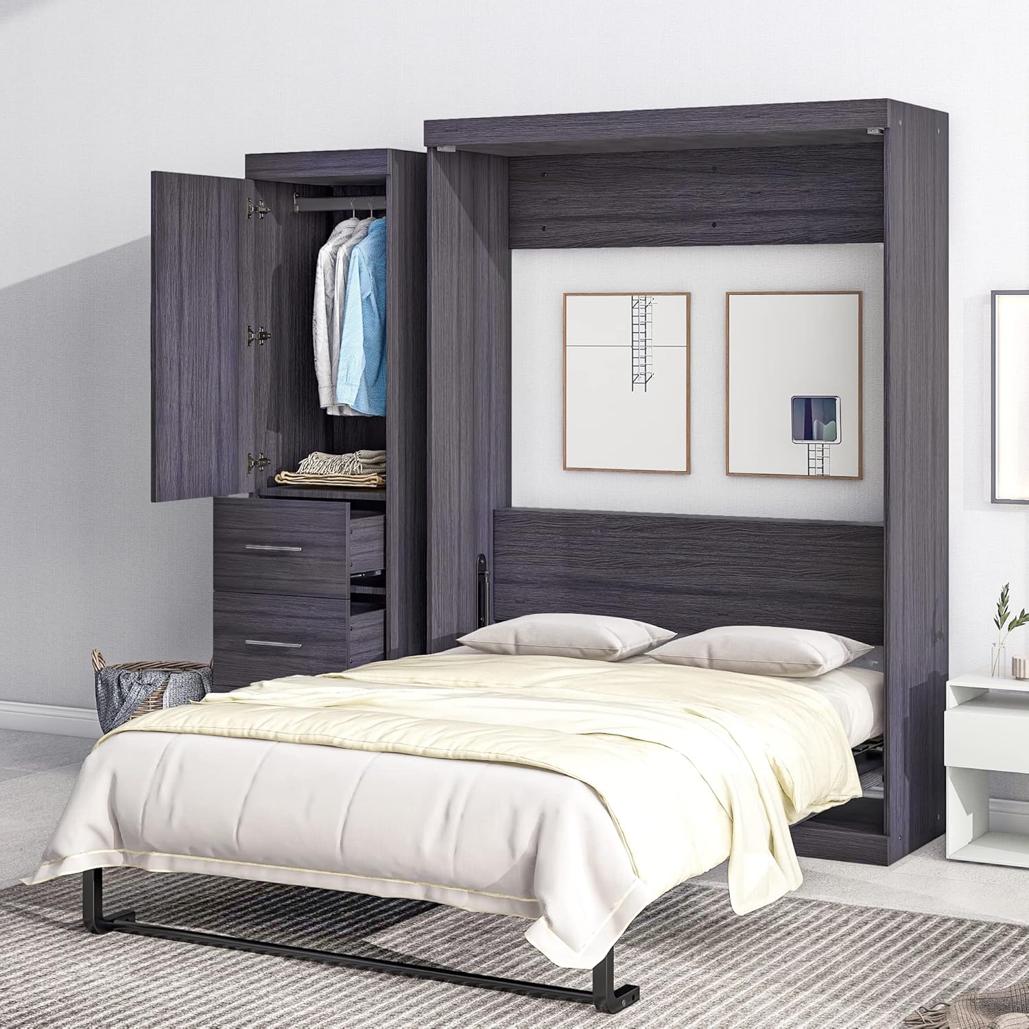 Full Size Murphy Bed Storage Cabinet, Wood Murphy Bed with Wardrobe and Drawers, can be Folded into a Cabinet, Suitable for Small Room Living Room/Bedroom