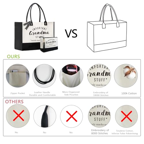 BeeGreen Mother's Day Gifts Personalized Women's Large White and Black Canvas Tote Bag, Embroidered Initials, Leather Handle, Zipper Closure