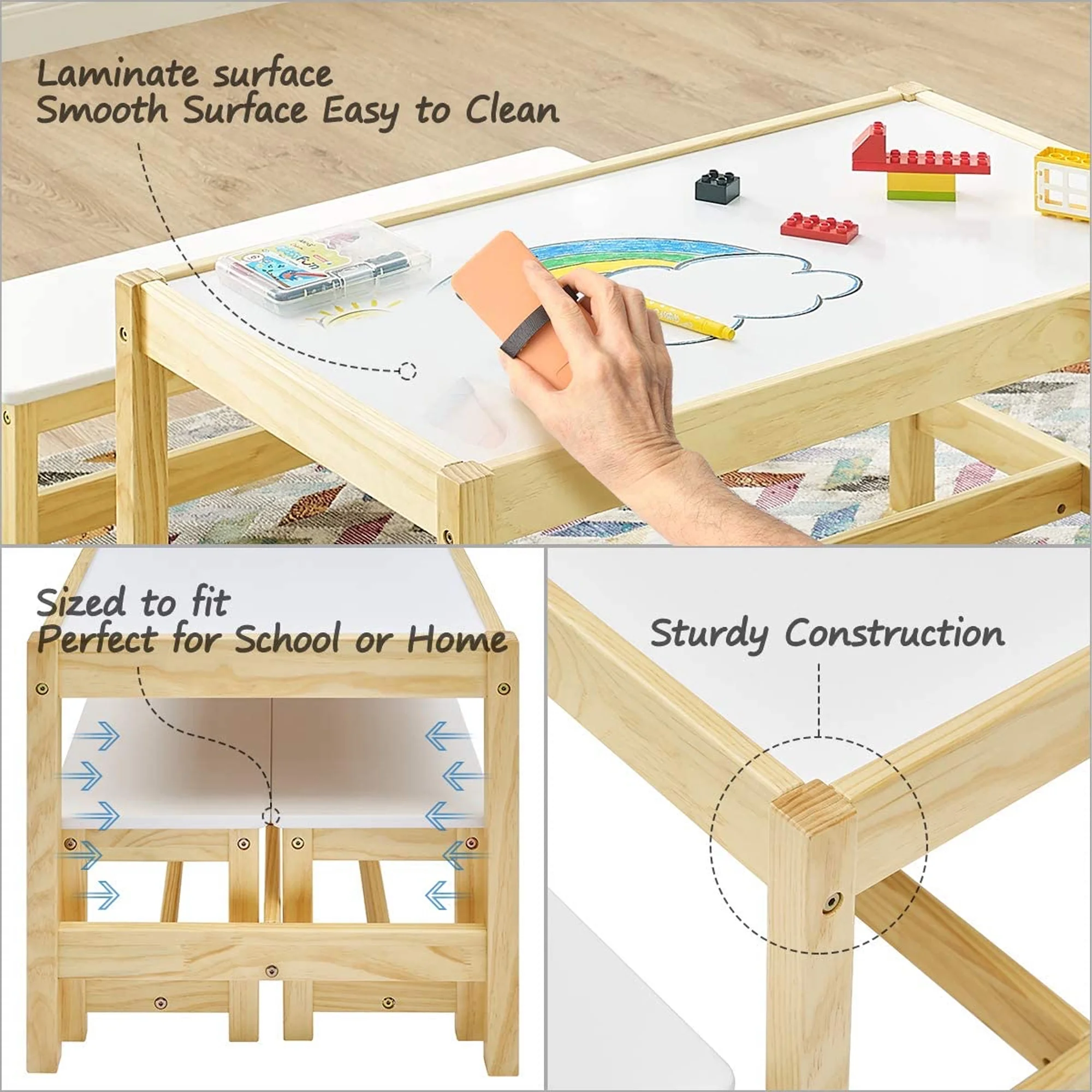 MUSEHOMEINC Wooden 3 In 1 Kids Toddlers Play Table and Bench Chair Set