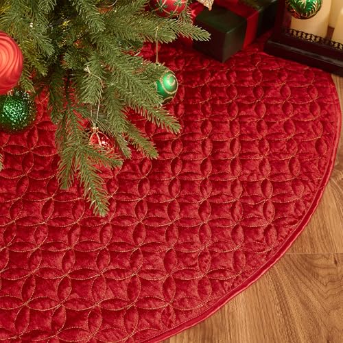 Valery Madelyn Christmas Tree Skirt for Tree Decorations, 36 Inch Fabric Luxury Red Gold Medium Xmas Velvet Tree Skirt with Embroidery Patchwork & Tassels for Tree Merry Christmas Party Decor