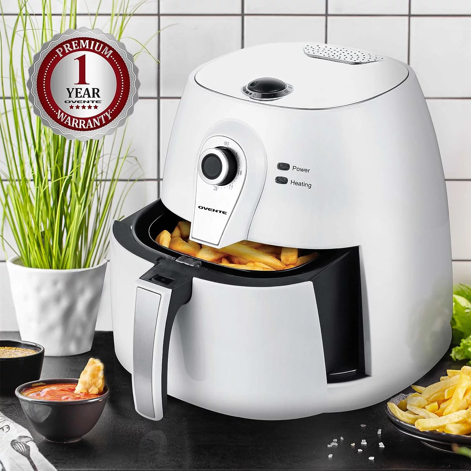 OVENTE 3.2 Qt Compact Air Fryer, Adjustable Temperature, Non-Stick Basket, New- White FAM21302W