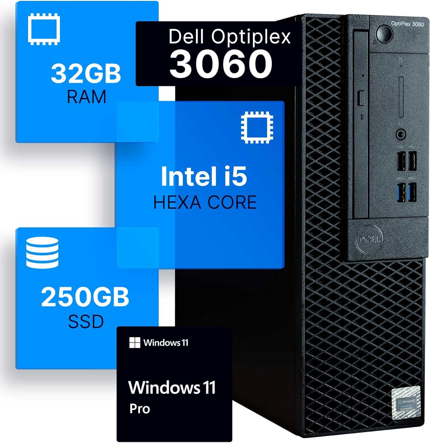 Dell Optiplex 3060 Desktop Computer | Intel i5-8500 (3.2) | 32GB DDR4 RAM | 250GB SSD Solid State | Windows 11 Professional | Home or Office PC (Renewed)