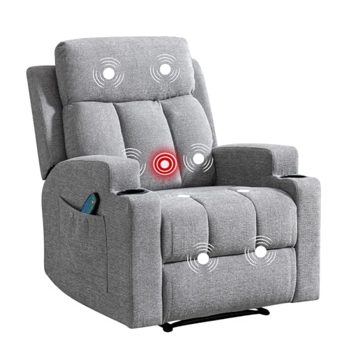 Phoenix Home Manual Recliner Chair with Massage and Heat Ergonomic Overstuffed Breathable Fabric Reclining Chair with 2 Side Pockets, 2 Cup Holders, Remote Control, Living Room, Bedroom, Gray