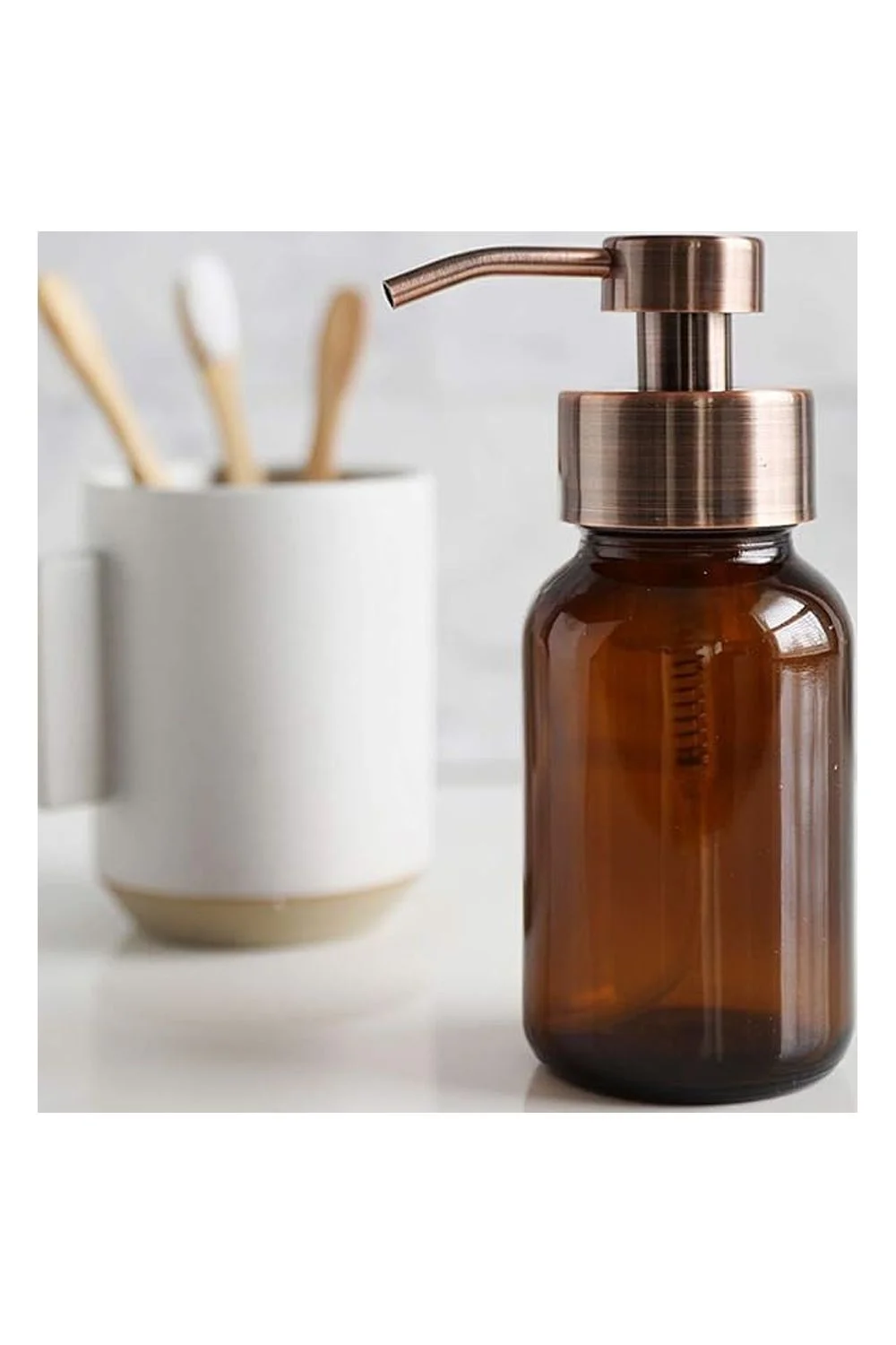 Foaming + Non-Foaming Amber Glass Soap Dispenser Set With Caddy Stand, 8.5Oz/16Oz (Copper)