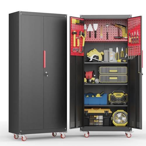 Rolling Garage Cabinets, Garage Storage Cabinet with Wheels and Workbench, Metal Cabinet with Doors and Shelf, Lockable Metal Storage Cabinets, for Home,Garages, Repair Stores, Warehouses