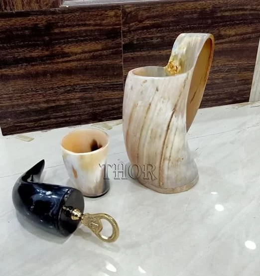 Handmade Drinking Horn Mug Tankard | Drink Like Viking | Bottle Opener | Horn Shot Glass (3 Piece Set) Rustic Vintage Home Decor Gifts