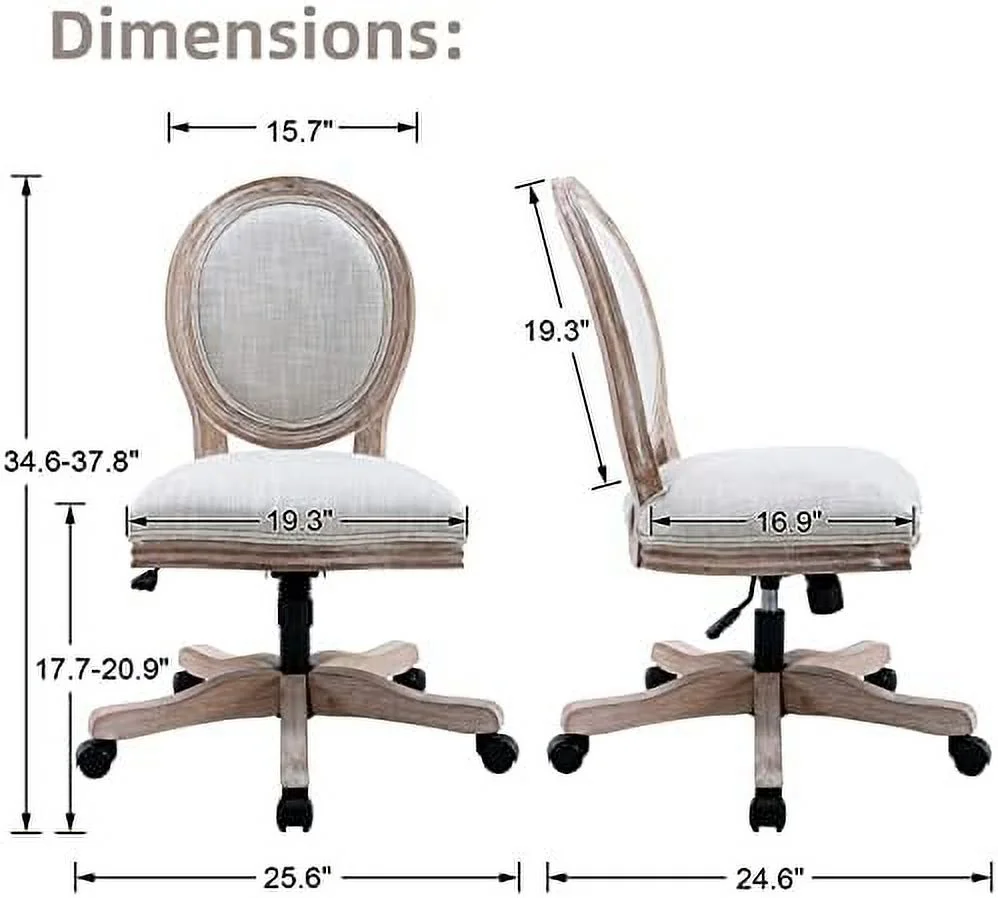 Rattan Back Linen Office Chair  Adjustable Height Swivel Task Chair with Wood Frame Armless Desk Chair with Wheels Upholstered Round Back Vanity Chair for  Office Study Room  Beige