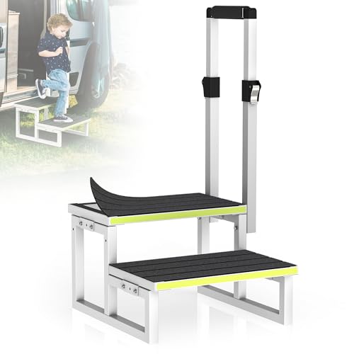 RV Steps with Handrail Adjustable for Both Sides, 2 Step Stool with Handle for Elderly with Wide Platform & Anti-Slip Mats, Portable Stairs for Hot Tub/Camper/SPA Pool/Pet Stairs