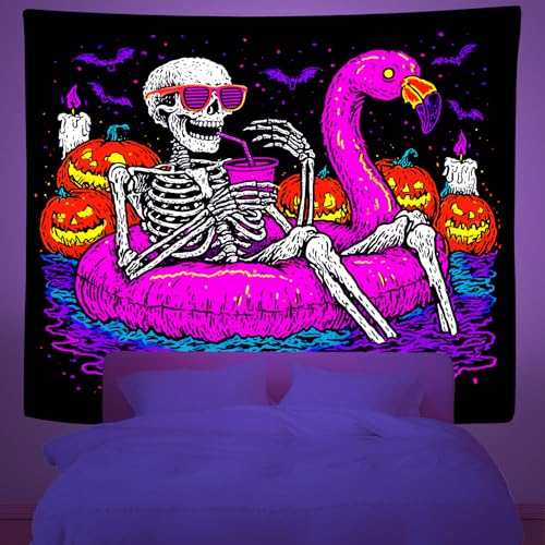 QpaZynthy Blacklight Funny Skeleton Tapestry UV Reactive Halloween Pumpkin Tapestry Spooky Bat Wall Hanging Black Light Posters Flamingo Tapestries for Bedroom Party Backdrop Decor 90x70In