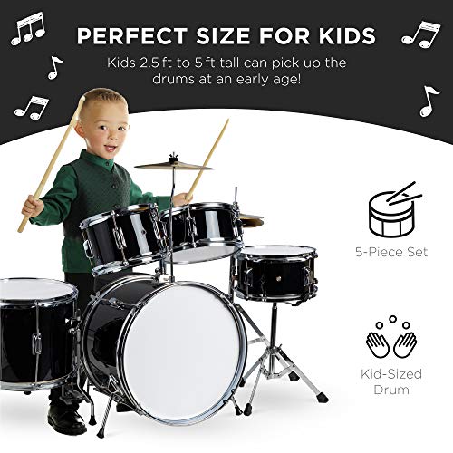 Best Choice Products Kids 5-Piece Beginner Drum Set Junior Kit, Starter Percussion w/Cymbals, Pedal, Drumsticks, Stool, Toms, Snare, Hi Hat - Black