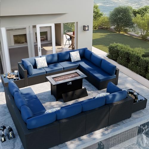 SUNLEI 5pcs Patio Outdoor Furniture Sets Conversation Set,Low Back All-Weather Rattan Sectional Sofa with Tea Table&Washable Couch Cushions(Black Rattan)（Aegean Blue）