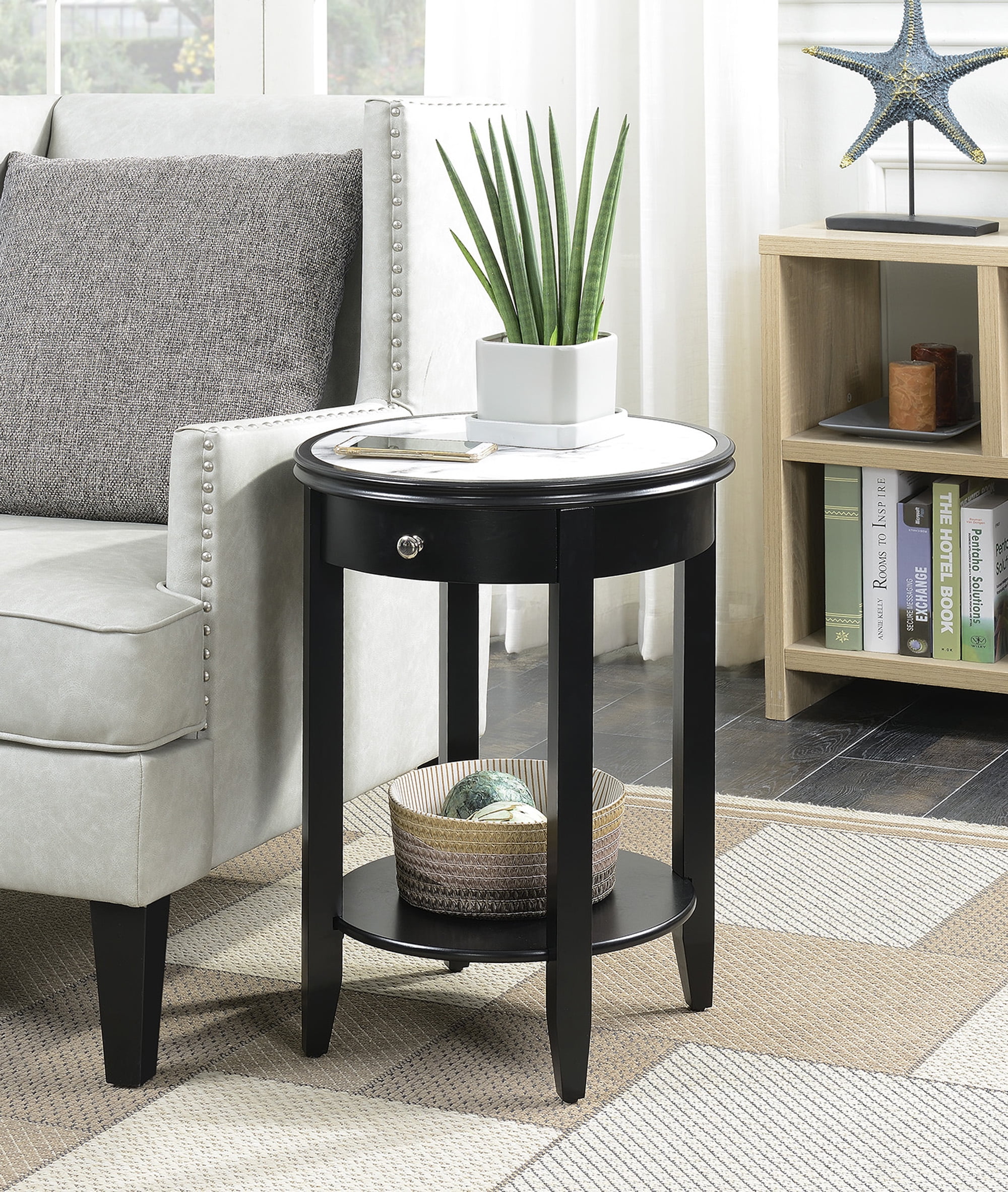 Convenience Concepts American Heritage Baldwin 1 Drawer End Table with Shelf , White Faux Marble Top & Black Frame