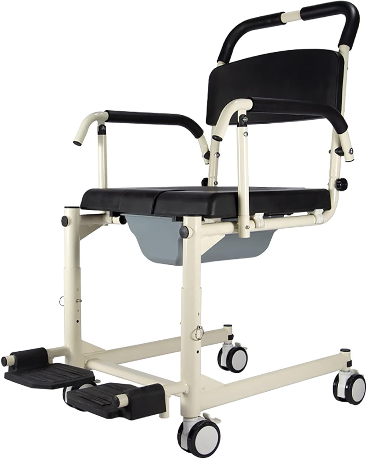 Shower Commode Wheelchair, Rolling Shower Toilet Chair with Lockable Wheels, with Drop Arms and Removable Pail, Adjustable Height, for Elderly, Disabled, and Limited Mobility