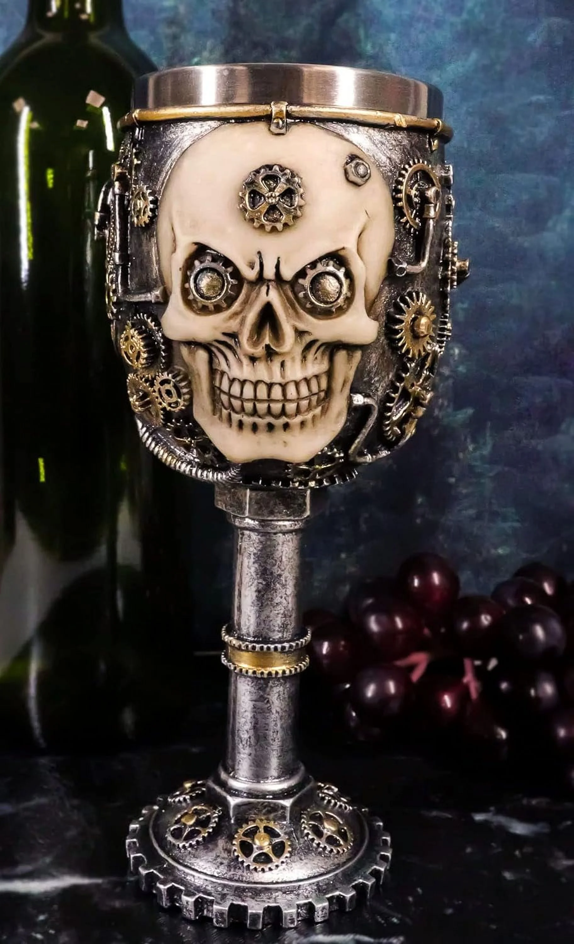 Victorian Sci Fi Silver Junkyard Geared Steampunk Mechanical Gearwork Clockwork Face Wine Goblet Drink Chalice Cup Figurine 6Oz