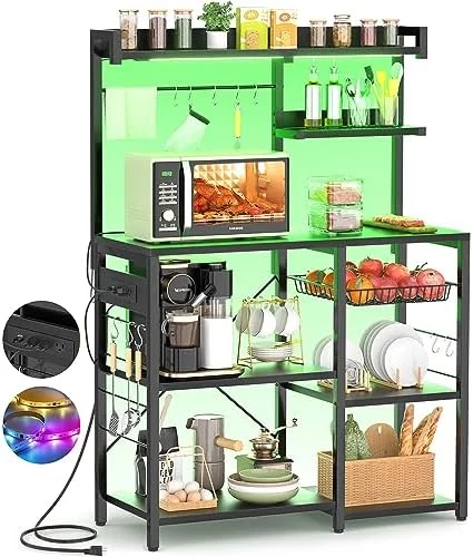 HBBOOMLIFE Bakers Rack with Power Outlet and LED Light Strings  Microwave Oven Stand Kitchen   with Wire Basket  Coffee  Station Island Table with 10 Hooks for Spices  Pots  Pans  White