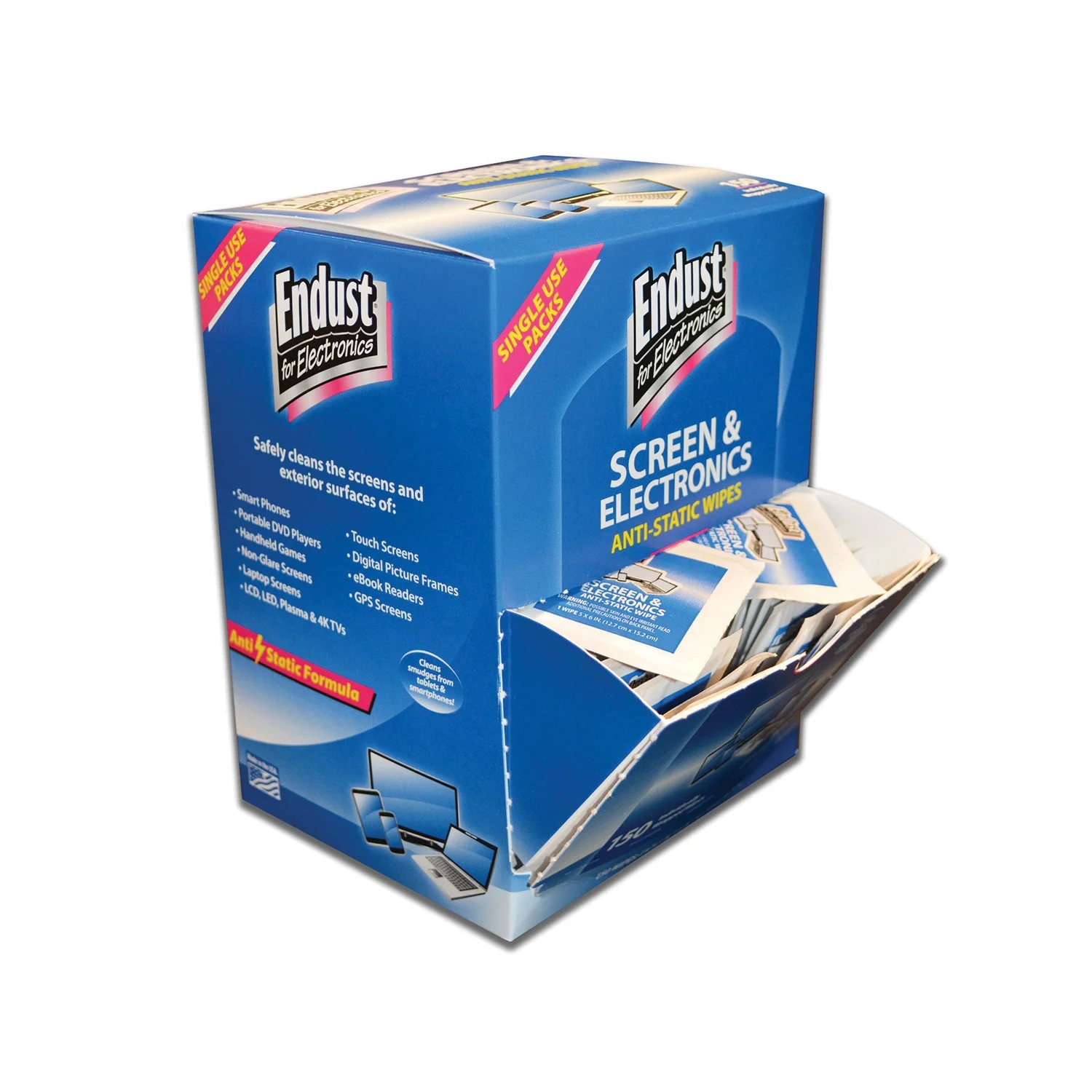 Endust, NRZ14316, Screen/Electronics Clean Wipes, 150 / Pack, Blue