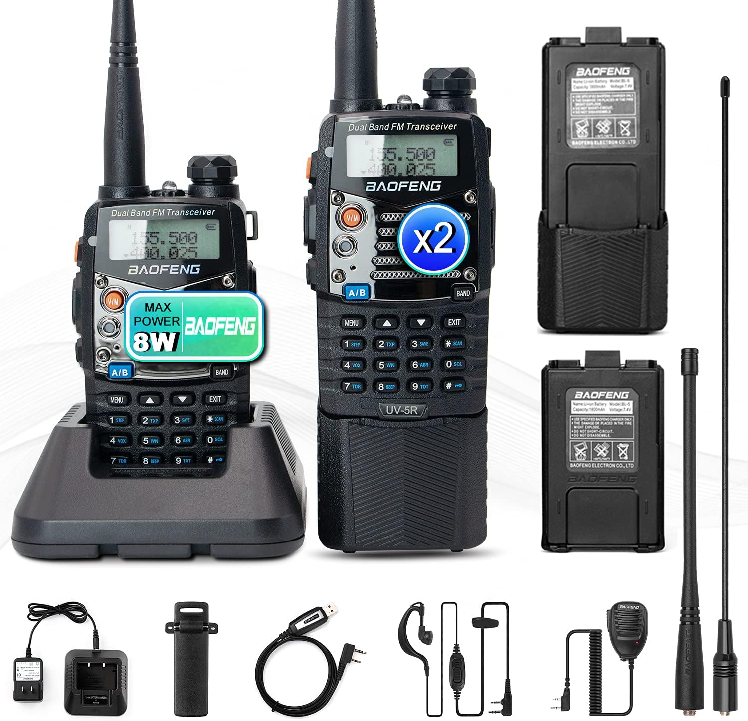 BaoFeng (UV-5R Pro) Ham Radio Handheld Walkie Talkies UHF VHF Dual Band 2-Way Radio Full Kit with an Extra 3800mAh Battery, Earpiece and Programming Cable (1 Pack) Pack of 2