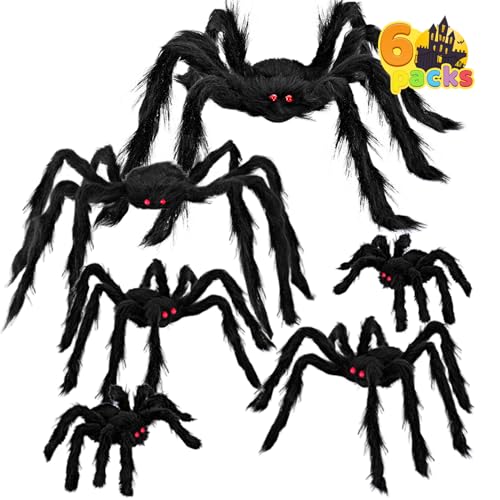 JOYIN 6 Packs Halloween Outdoor Decorations Giant Spiders Set, Halloween Decor Outside, Black Hairy Large Spider with Different Size for Lawn, Yard Decor (30
