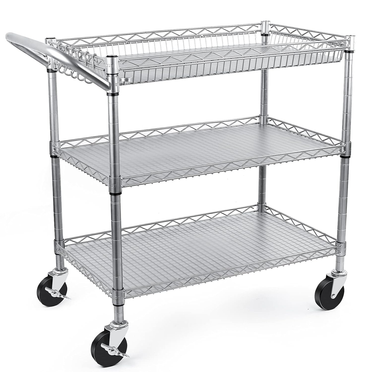 WDT Heavy Duty 3 Tier Rolling Utility Cart, Kitchen?Cart on Wheels Metal Serving Cart Commercial Grade with Wire Shelving Liners and Handle Bar for Kitchen Office Hardware