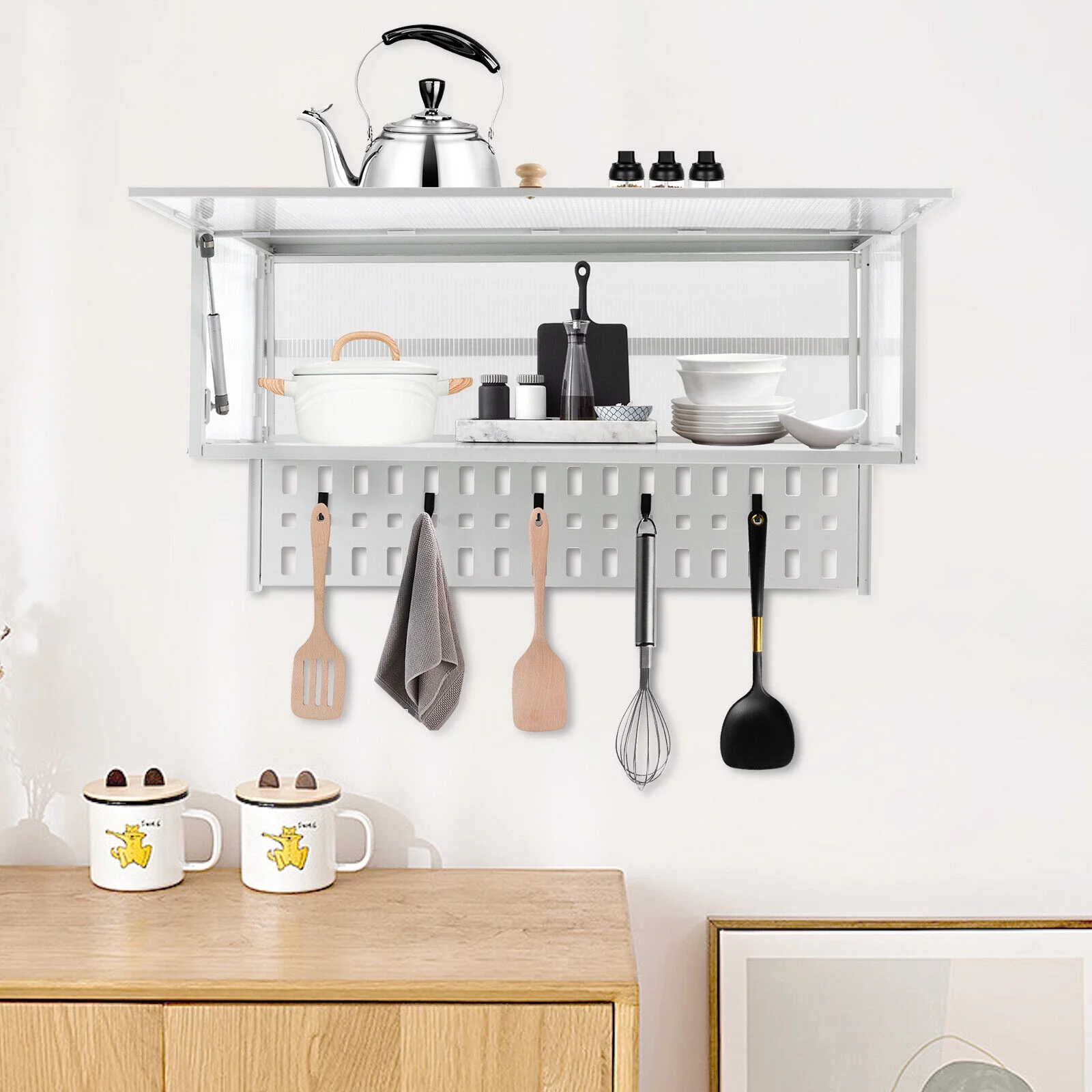 Kitchen Wall-Mounted Cabinet with Hanging Board Storage Shelf  White Translucent