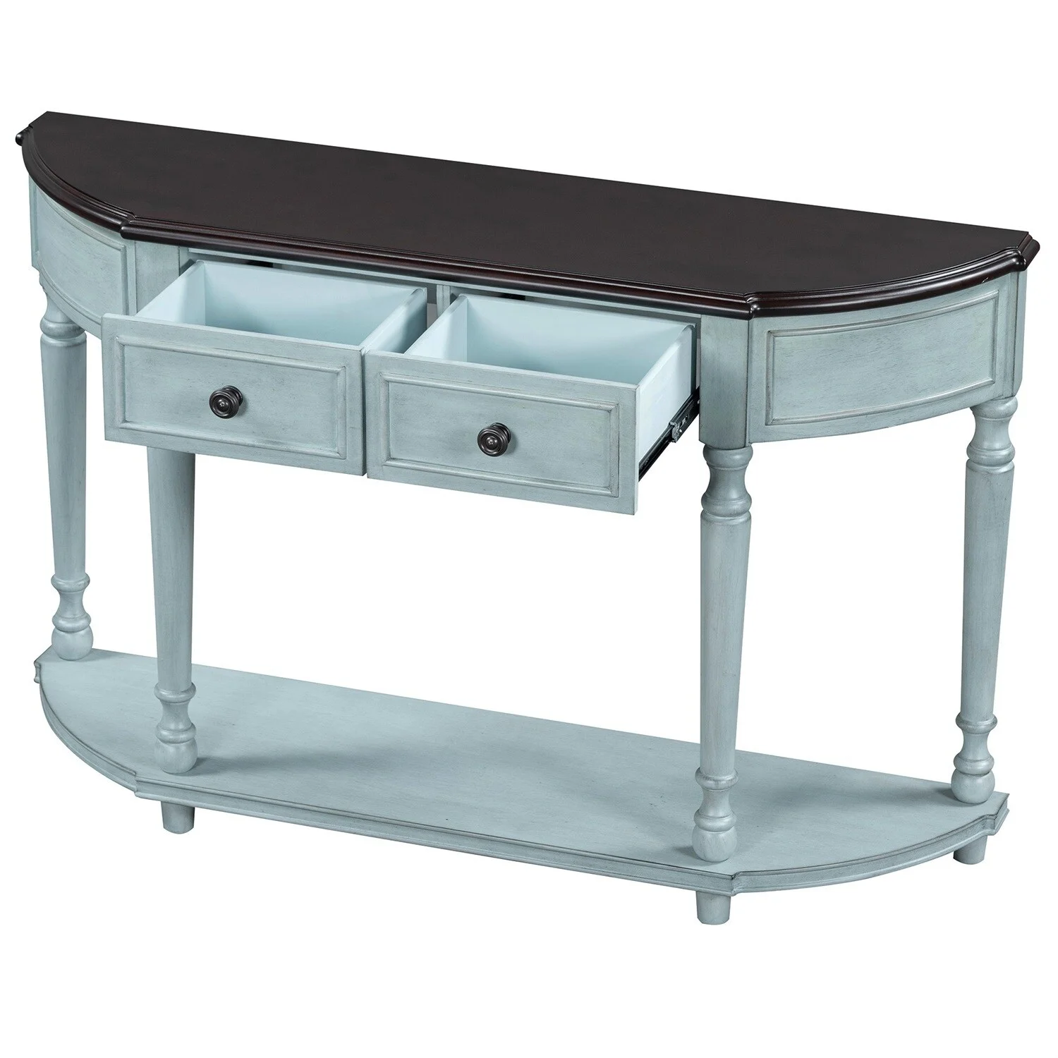 MERAX  Retro Circular Curved Console Table with Two Top Drawers Cherry & Antique Blue