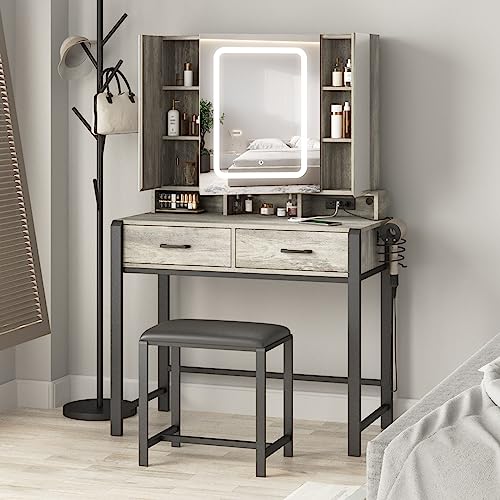 Fameill Vanity Desk with Lighted Mirror and Power Strip,Tri-Fold Mirror Makeup Vanity Table with Lights,2 Drawers Vanity Set with Hidden Storage Shelves,3 Color Lighting Modes,35.4in(L)