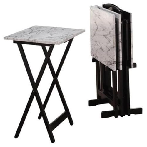 Pemberly Row 5 Piece Wood Folding Faux Marble Table Tray Set in Brown