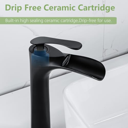 Bathroom Vessel Sink Faucet, Waterfall Oil Rubbed Bronze Bathroom Faucet, Vessel Faucet, Tall Body 1 Hole Single Handle with Pop Up Drain Combo Vanity Mixer Tap Basin Bowl Sink