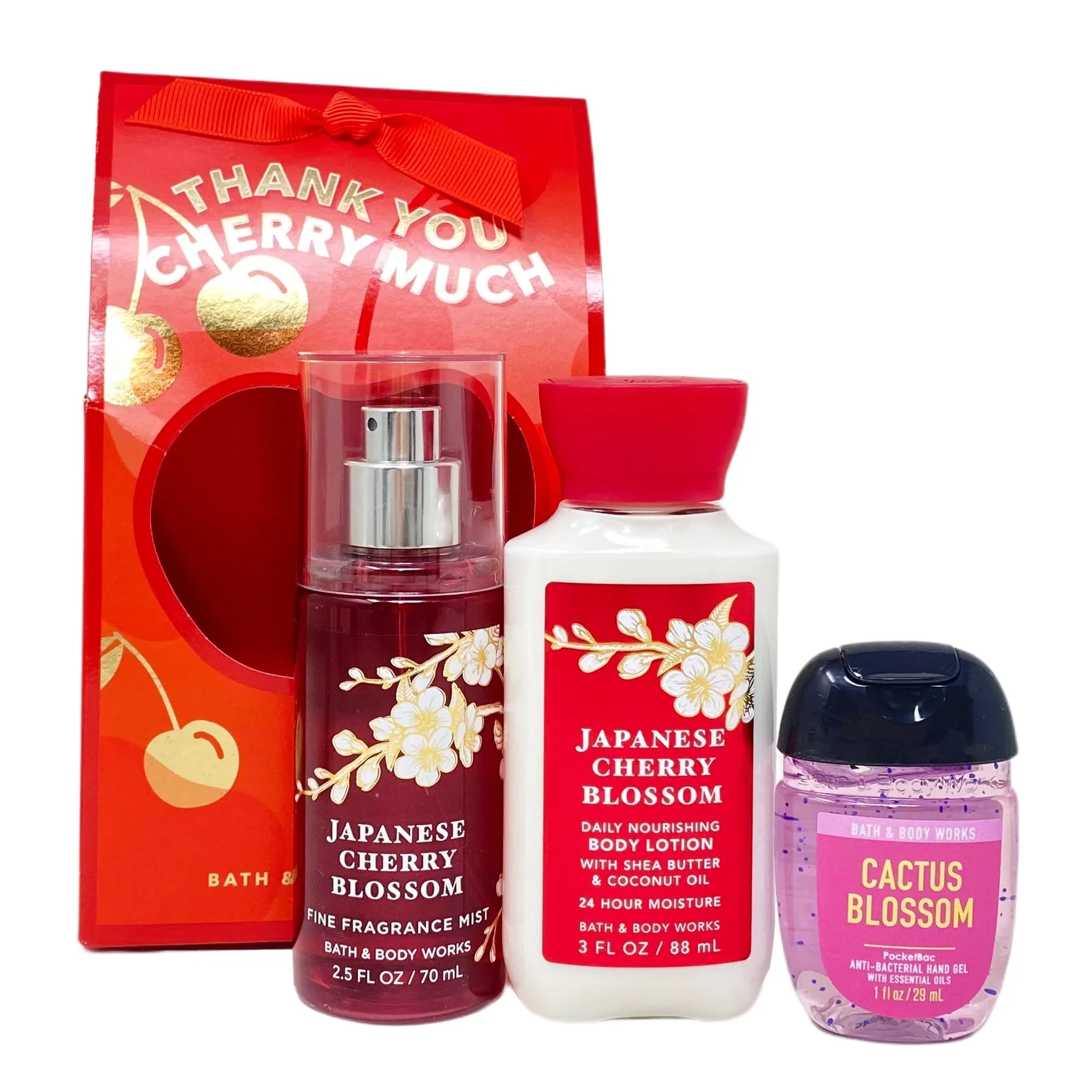 Bath and Body Works Japanese Cherry Blossom Thank You Cherry Much Travel Gift Bag Set - Fragrance Mist - Body Lotion - Cactus Blossom Hand Gel - Travel Size