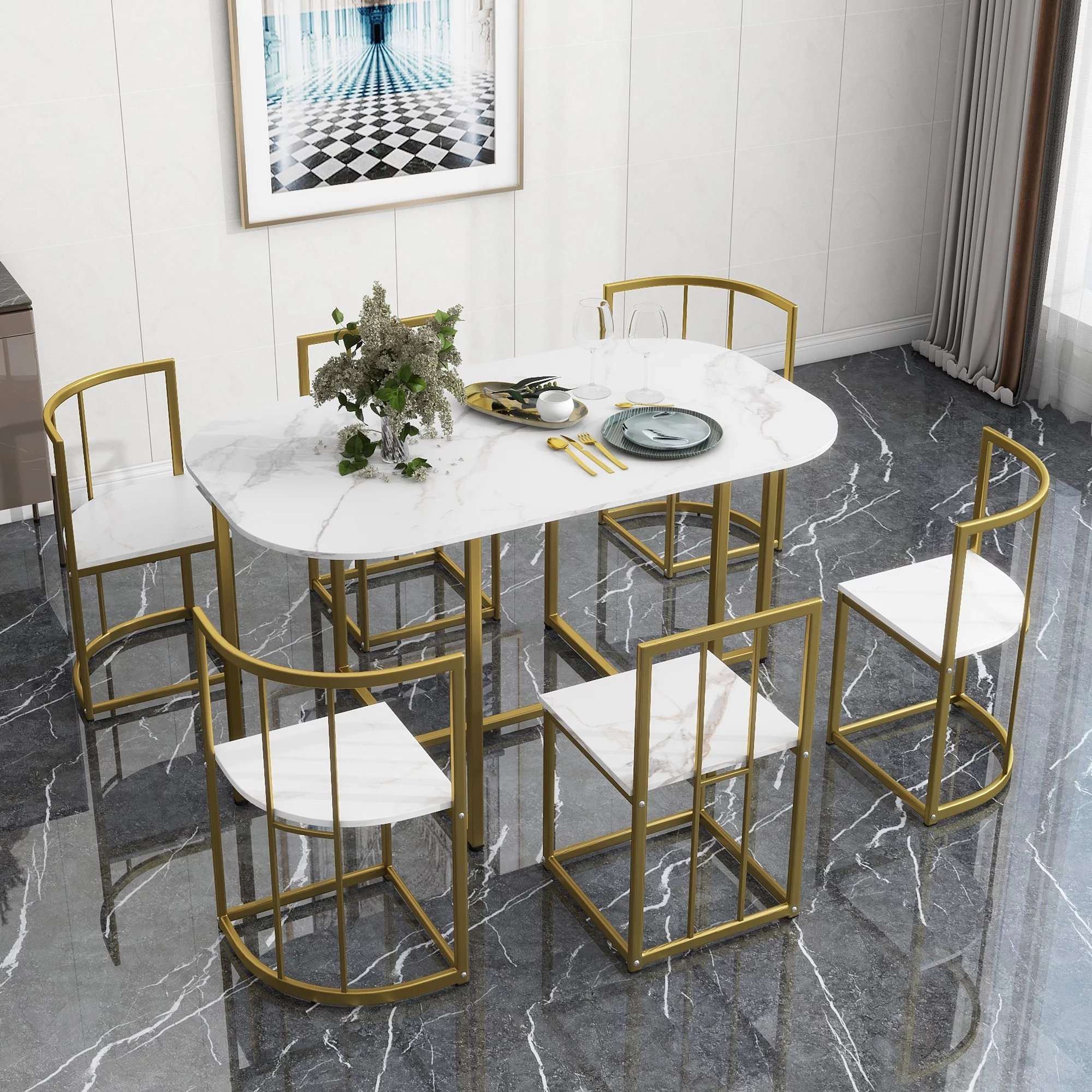 CoSoTower Modern 7-Piece Dining Table Set with Faux Marble Compact 55Inch Kitchen Table Set for 6, Golden+White