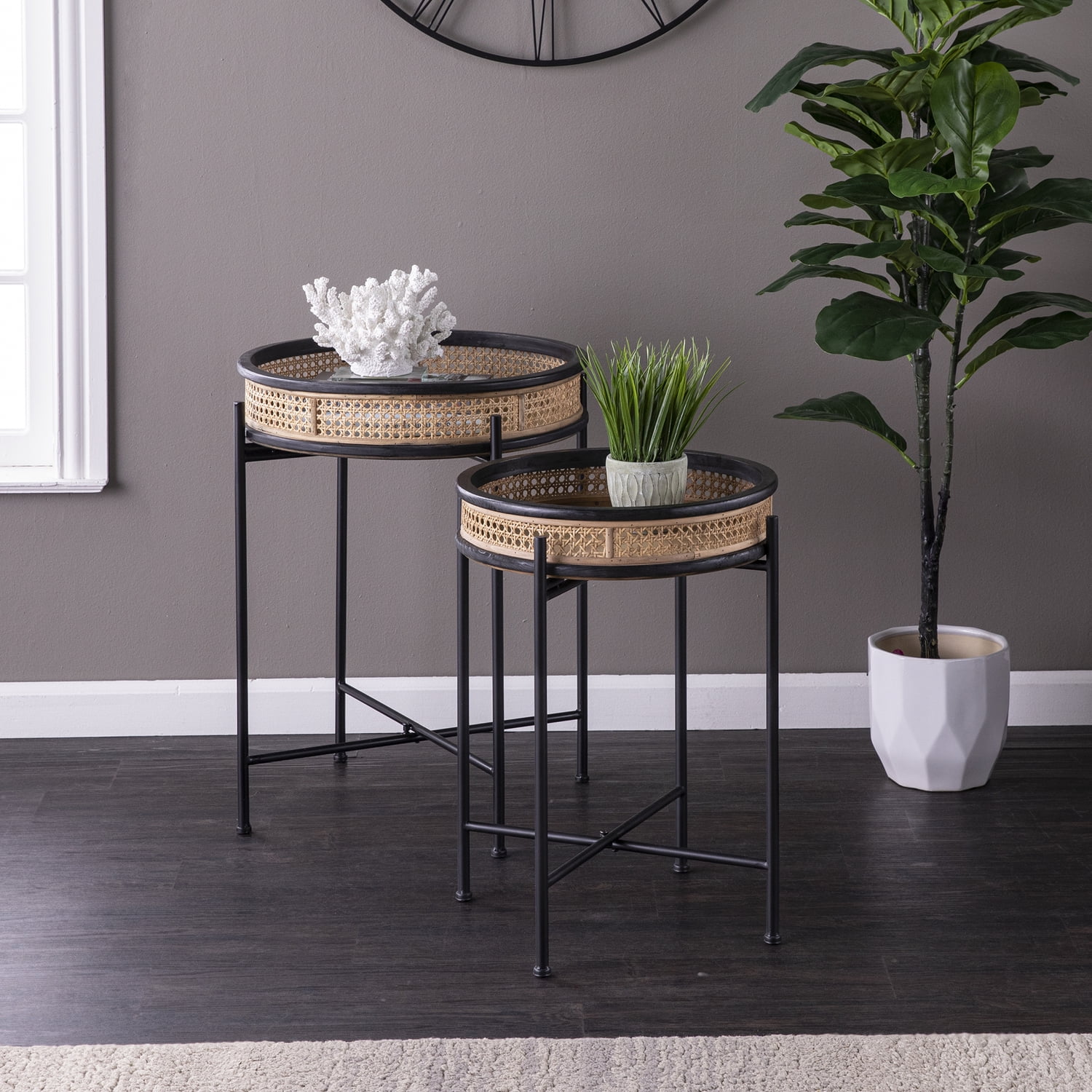 Southern Enterprises Broadmont 2-Piece Round Rattan Accent Table Set in Natural