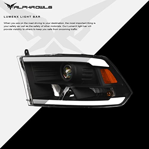 Alpha Owls 8710401 Crystal Headlights With Switchback Sequential LED Light Bar & Startup Light - Black Amber Fits 2009-2018 Dodge Ram 1500 2500 3500/2019-2023 Classic Halogen Models