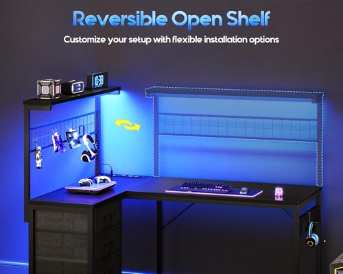 MOTPK L Shaped Gaming Desk with Shelf & 4 Drawers, 43