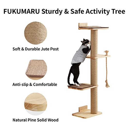 FUKUMARU Cat Scratching Activity Tree Wall Mounted, 50 Inch Cats Scratch Post, with Kitten Bed, Rubber Wood Scratcher Posts, Large