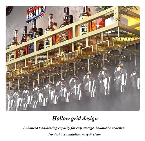 Bar Unit Floating Shelves, 2-Layer Industrial Style Wall Mounted Wine Rack Inverted Wine Glass Rack with LED Light for Home Bar Dining Room Decor All-Round Anti-Fall Guardrail