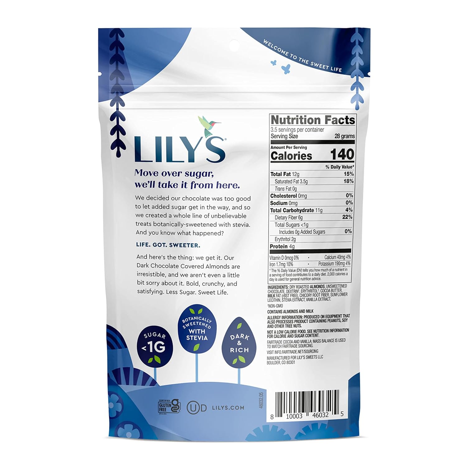 LILY'S Dark Chocolate Style, Free of Added Sugar Covered Almonds Bags, 3.5 oz (3 count)