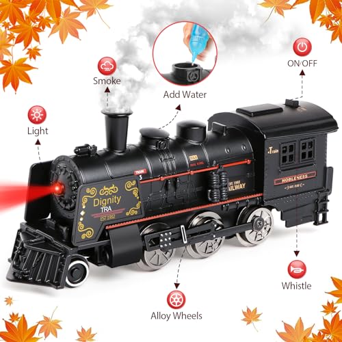 Hot Bee Train Set for Boys, Metal Alloy Electric Trains w/Steam Locomotive, Cargo Cars & Tracks, Train Toys w/Smoke, Sounds & Lights, Christmas Toys Gifts for 3 4 5 6 7 8+ Years Old Kids