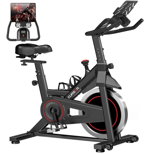CURSOR FITNESS Exercise Bike, Stationary Bikes for Home, 300 LBS Capacity, Workout Bike with Silent Belt Drive, Indoor Cycling Bike with Extra Comfort Seat/IPad Mount/3 Bottle Holders