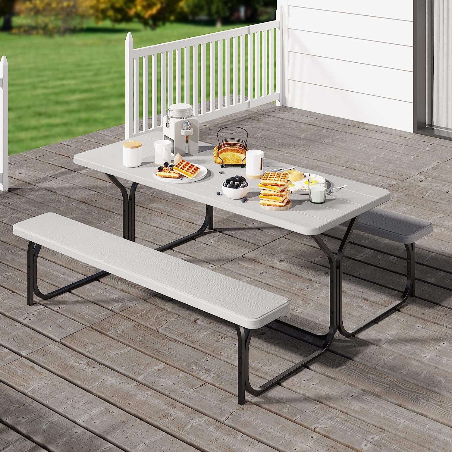 Dextrus Picnic Table Bench Set 6 ft Outdoor Camping with Stable Steel Frame & Wooden Texture Tabletop Weather Resistant w/Umbrella Hole - Light Gray