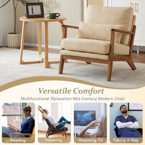 VINGLI Solid Wood Wide Armrests Accent Chair,Upholstered Mid Century Modern Chair with Pillow,Comfy Reading Chair Farmhouse Arm Chair,Chairs Living Room,Bedroom,Guest Room,Linen Fabric,Beige