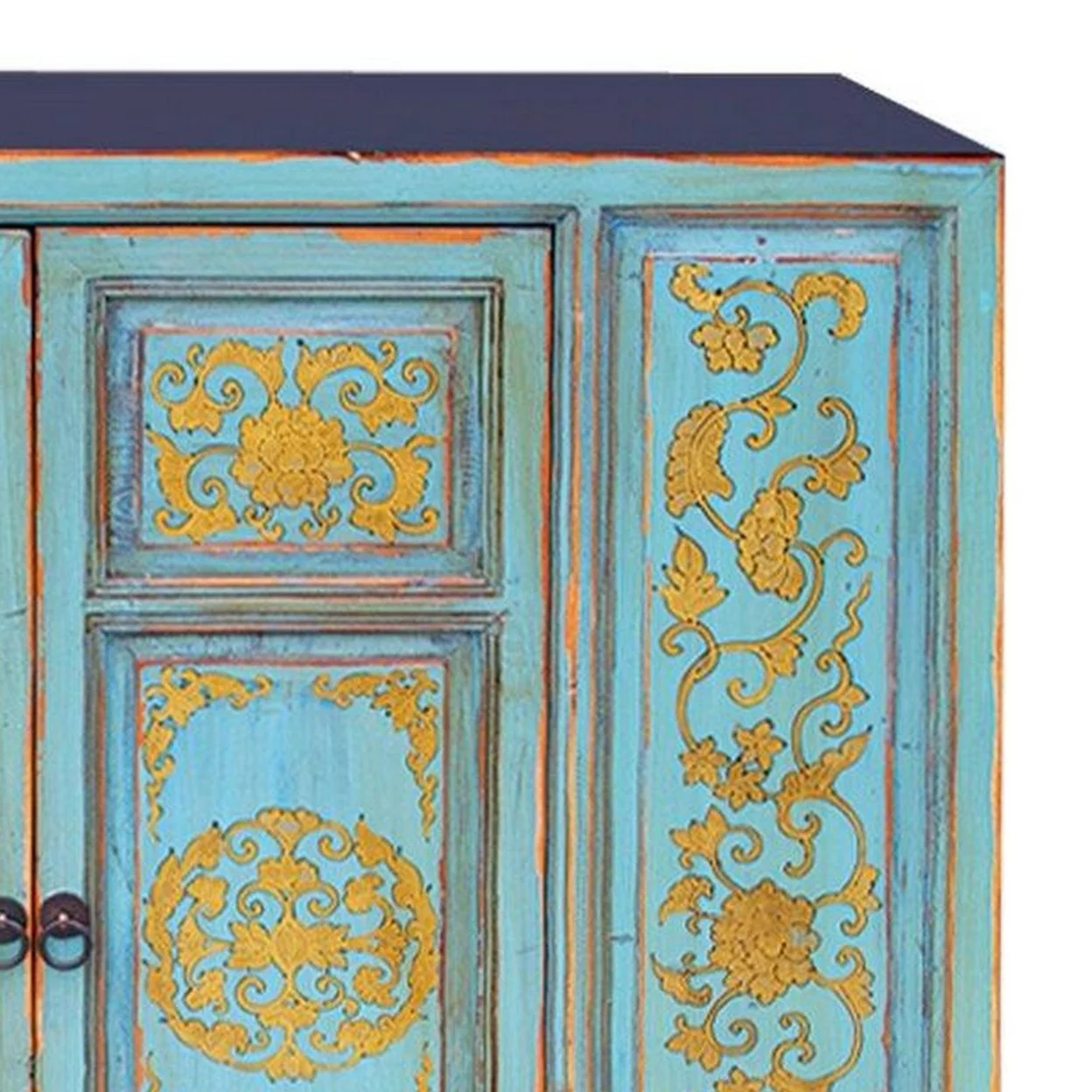 Florentine 43 Inch Vintage Sideboard Buffet Cabinet, 2 Door, Teal and Gold- Saltoro Sherpi