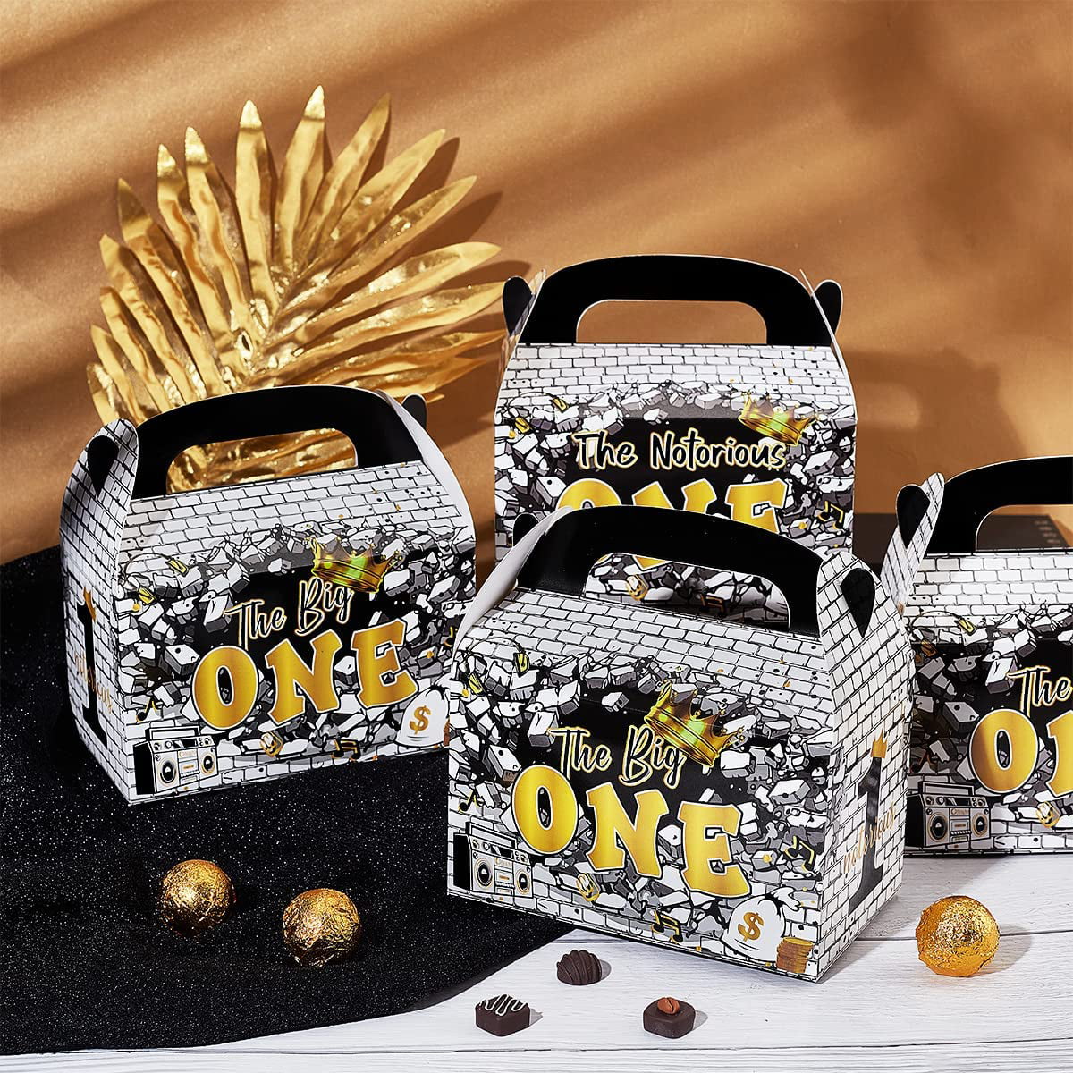 24pcs The Notorious One Birthday Decorations, Black Gold 1st Birthday Party Favors Treat Boxes with Handle, Hip Hop Theme Big One First Birthday Candy Gift Boxes for Boy